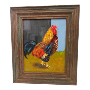 1970s Vintage Folk Art Impressionist Style Painting of a Rooster in a Rustic Wooden Frame