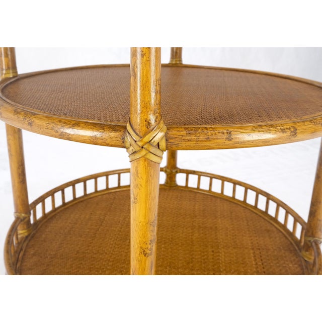 Pair of Maguire Round Reed & Cane Three Tier Gallery Top Serving Tables Stands on Casters MINT!