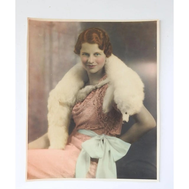 Vintage circa 1920's hand tinted portrait photograph of glamourous woman in lace and furs. Unsigned. Unframed, corner bumps.