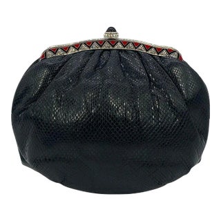 Judith Leiber Black Lizard Clutch with Red Enamel Crystal Top For Sale