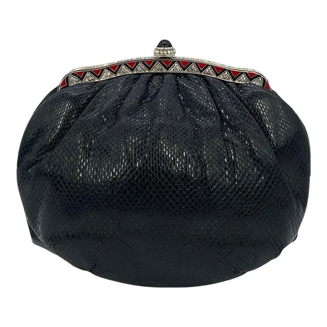Judith Leiber Black Lizard Clutch with Red Enamel Crystal Top For Sale