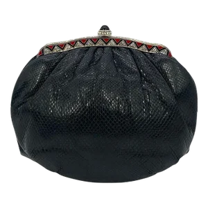 Judith Leiber Black Lizard Clutch with Red Enamel Crystal Top