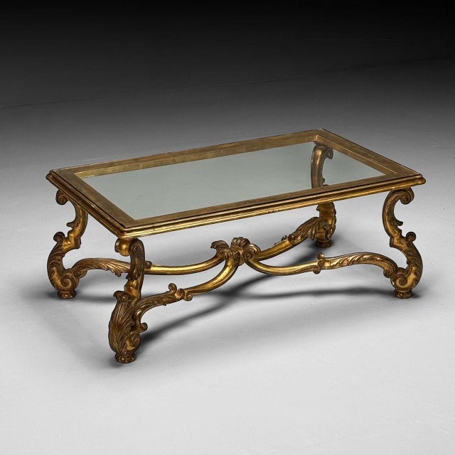 Hollywood Regency, Coffee Table, Gilt Wood, Gold Leaf, Glass, Italy, 1960s For Sale - Image 4 of 12