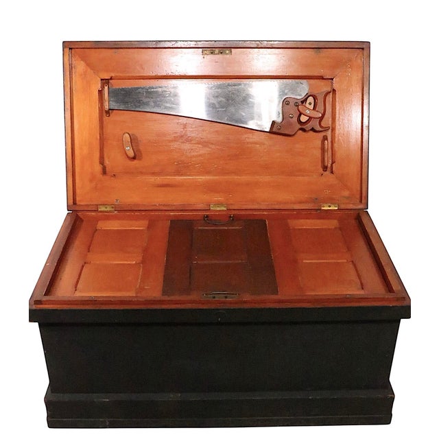 Late 19th Century Antique Fitted Wood Carpenters Box Trunk Coffee Table For Sale - Image 5 of 18