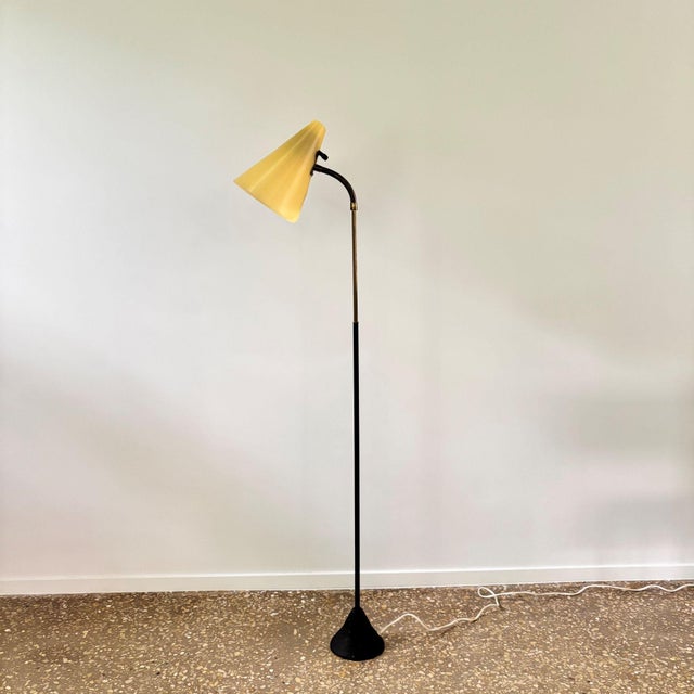Mid-Century Floor Lamp in Black Metal and Brass with Yellow Shade, Sweden, 1950s For Sale - Image 4 of 11