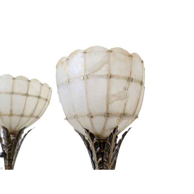 Pair of Antique Ealy 1900's Art Nouveau Cast Metal Torchiere Floor Lamps With Capiz Shell Tulip Shades For Sale - Image 4 of 11