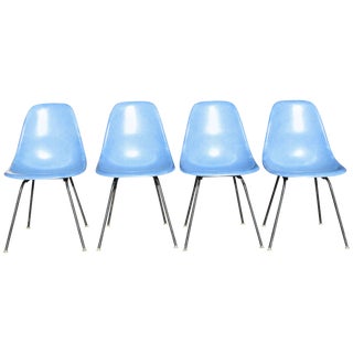 Set of Four Eames Blue Fiberglass Side Chairs For Sale