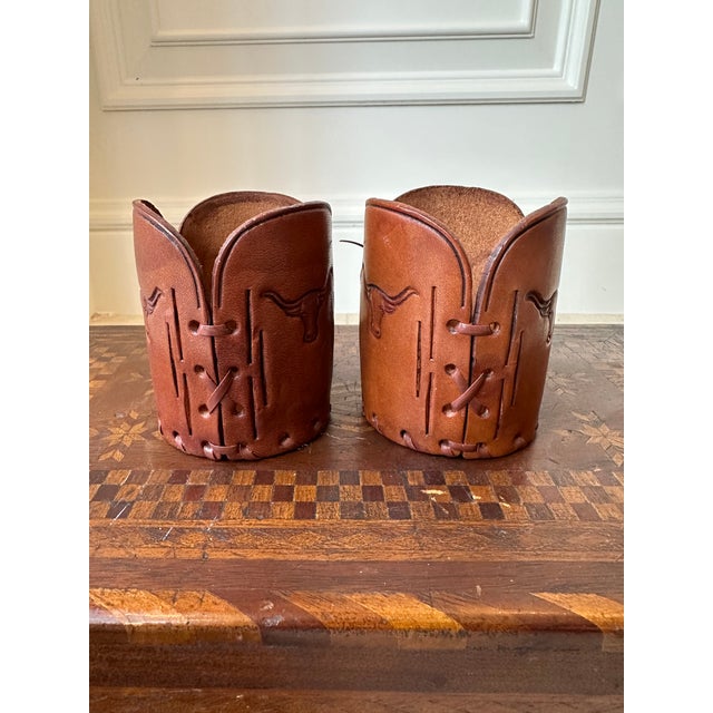 Vintage Western Style Leather Sleeves for Drinks Glasses/ Bottles Featuring Steers -Set of 7 For Sale - Image 9 of 17