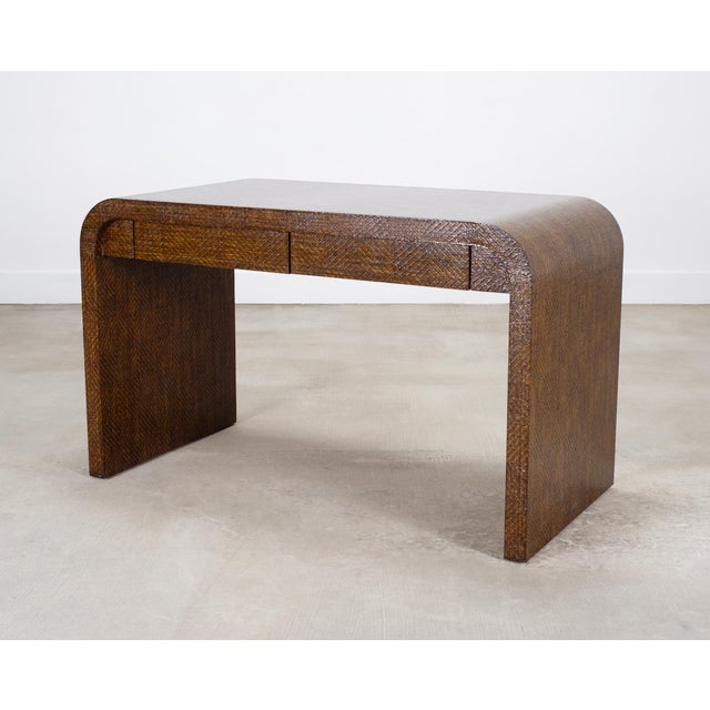 Contemporary Karl Springer-Style Organic Modern Grasscloth Waterfall Desk For Sale - Image 3 of 18