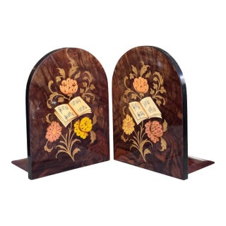 Italian Floral Inlay Music Book Motif Book Ends - A Pair Made in Italy For Sale