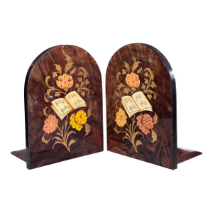 Italian Floral Inlay Music Book Motif Book Ends - A Pair Made in Italy