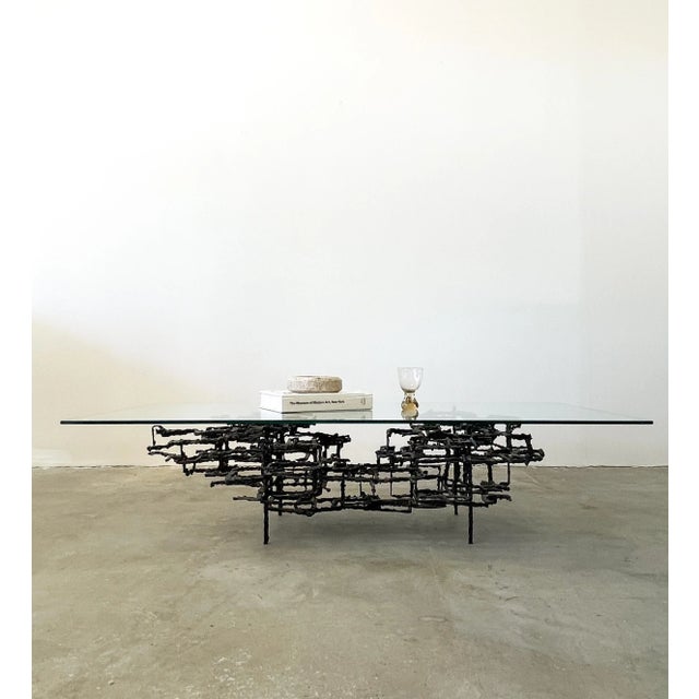 Vintage 70s Daniel Gluck Brutalist Bronze Coffee Table. The table has a beautiful patina. Made out of Bronze Color: Dark...