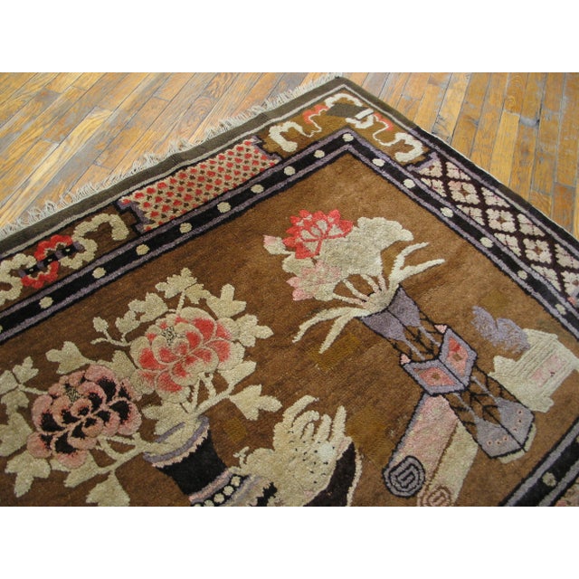 Textile 1920s Brown Floral Vase Antique Chinese Bao Tou Rug 4' 2'' X 6' 6'' Knotted Wool Carpet For Sale - Image 7 of 9