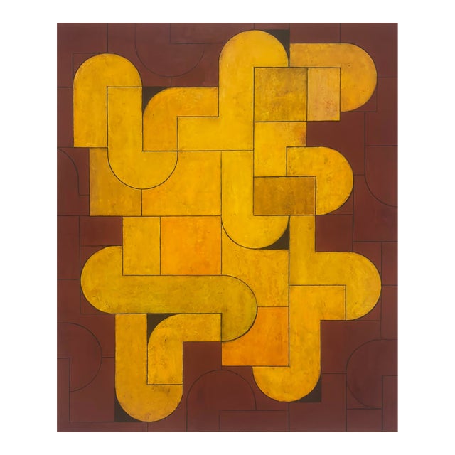 Contemporary Geometric, Abstract Oil and Cold, Wax Painting, Deep, Red, Bright Yellow by Stephen Cimini For Sale