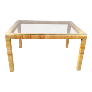Vintage Bielecky Brothers Coastal MCM Steel Pencil Reed Wrapped Glass Top Coffee Table