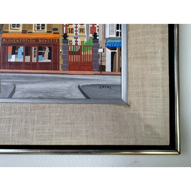Vintage Lilian Latal Folk Art Cityscape Oil on Masonite Painting For Sale - Image 9 of 11
