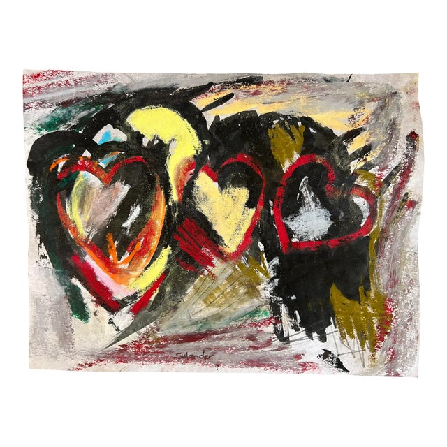 “Heartfelt” Abstract Composition of Hearts, Mixed-Media, Signed, Unframed For Sale