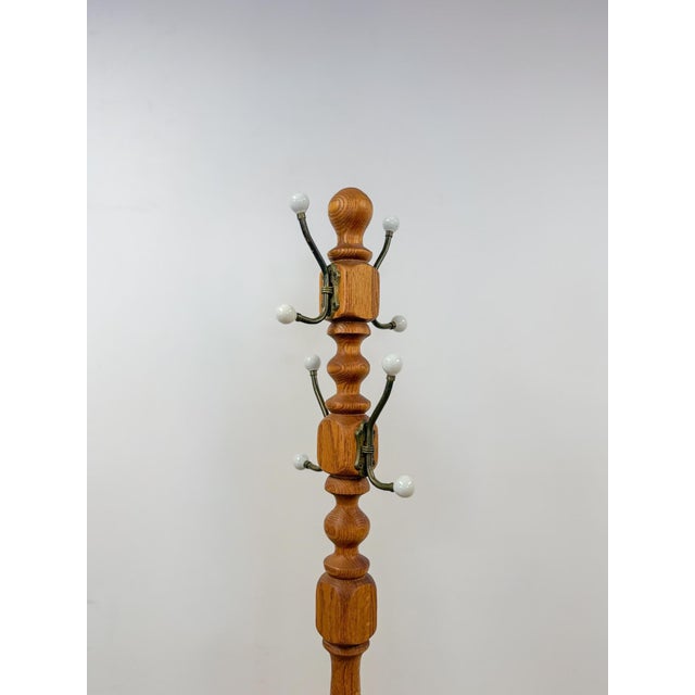 Farmhouse Vintage Brass Wood Coat Rack Porcelain Cream Knobs Entryway Hat Rack For Sale - Image 3 of 6