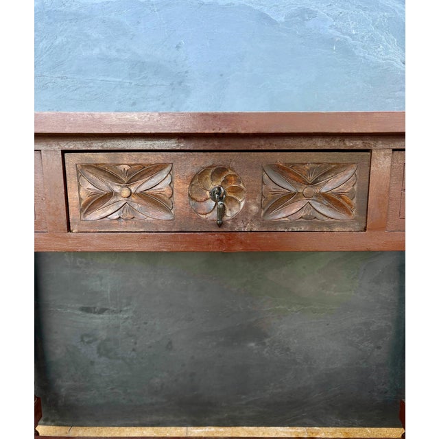 1950s Spanish Renaissance Revival Carved Oak Console Table with Drawer, 1950s For Sale - Image 5 of 10