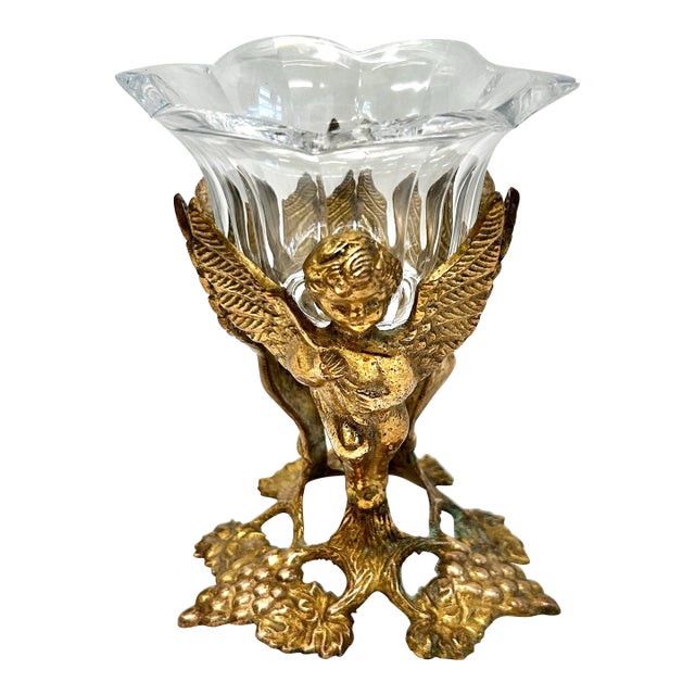 Vintage Brass Cherub Pedestal Bowl With Glass Insert Hollywood Regency Decor For Sale