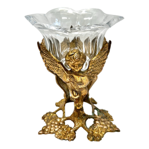 Vintage Brass Cherub Pedestal Bowl With Glass Insert Hollywood Regency Decor
