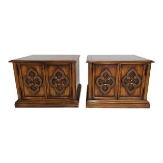 Pair of Renaissance Revival Style Walnut Bookmatched Bedside Tables For Sale