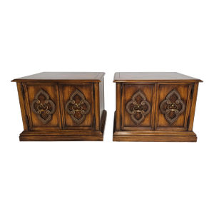 Pair of Renaissance Revival Style Walnut Bookmatched Bedside Tables