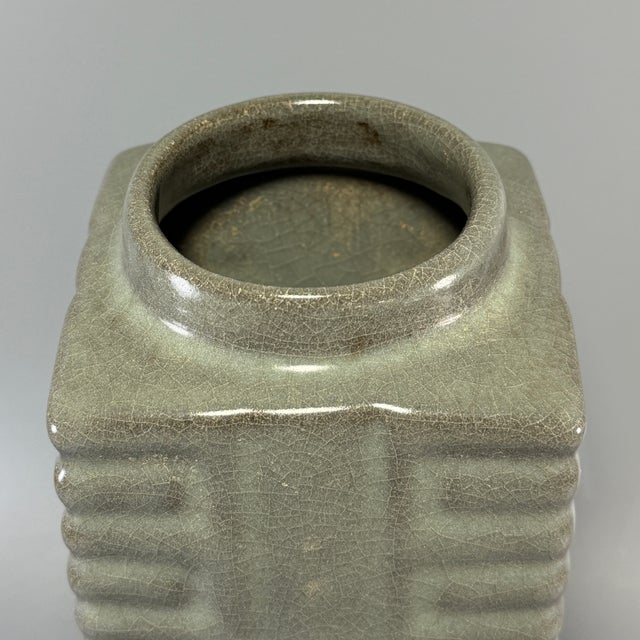 Chinese Longquan Celadon Cong‑Style Square Vase, Collectible Decor Vase For Sale - Image 4 of 6