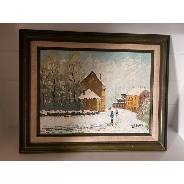 1960s Vintage Oil Painting 1976Winter Village Scene Signed Preski Framed Original Art For Sale - Image 5 of 9