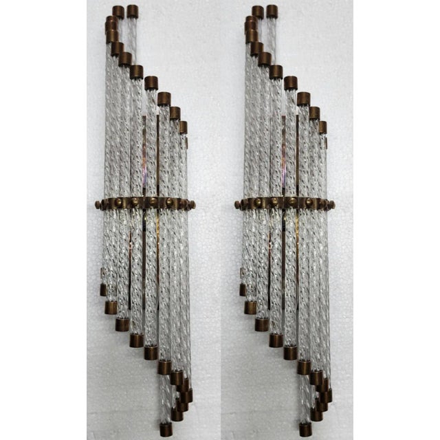 Pair Vintage Art Deco Skyscraper Wall Sconces Fixture in Brass & Ribbed Glass Rod Ship Light For Sale - Image 6 of 7