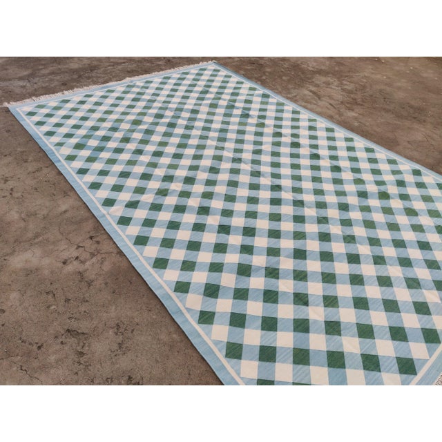 Handmade Cotton Vegetable Dyed Checked Gingham Rug in Sky Blue With Cream and Forest Green - 9x12 For Sale - Image 6 of 11