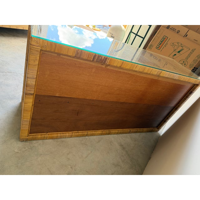 Vintage Coastal Woven Rattan Wrapped Cabinet With Wood Trim & Glass For Sale - Image 11 of 12