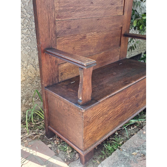 Antique American Quarter Sawn Tiger Oak Hall Tree With Beveled Mirror & Storage Bench For Sale - Image 14 of 18