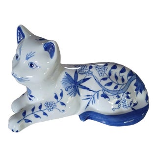 Vintage Blue & White Floral Ceramic Cat Figurine Formalities by Baum Bros For Sale