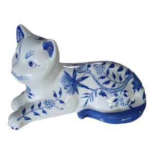 Vintage Blue & White Floral Ceramic Cat Figurine Formalities by Baum Bros