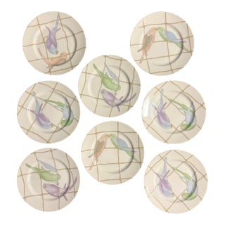 Vintage Fitz and Floyd Pastel Parakeet Salad Plates - Set of 8 For Sale