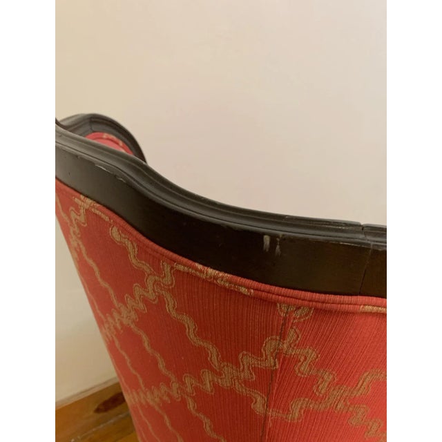 Beautiful condition Louis XV Style Red and Gold Upholstered Winged Arm Chair Overall Dimensions: 29" W x 38.5" H Seat...