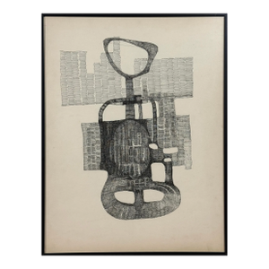 Vintage Abstract Postmodernist Biomorphic Drawing by Louis-René Berge, Framed