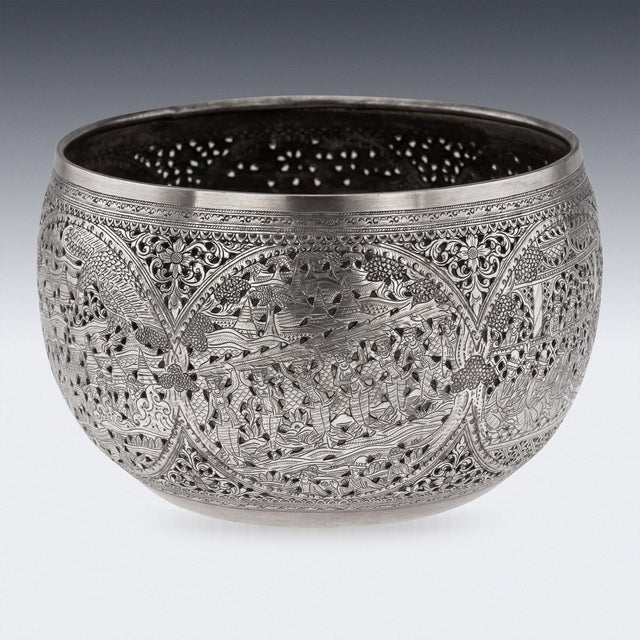 Antique Burmese Pierced Silver Pyusawhti Folk Tale Bowl, 1918 For Sale - Image 14 of 17