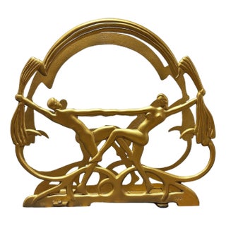 1928 Art Deco Nude Flapper Brass Tone Magazine Rack by Seville Art Metal Studios For Sale