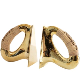 Mid-Century Modern Carl Auböck Model #3530 'Flatiron' Brass and Cane Bookends - a Pair For Sale