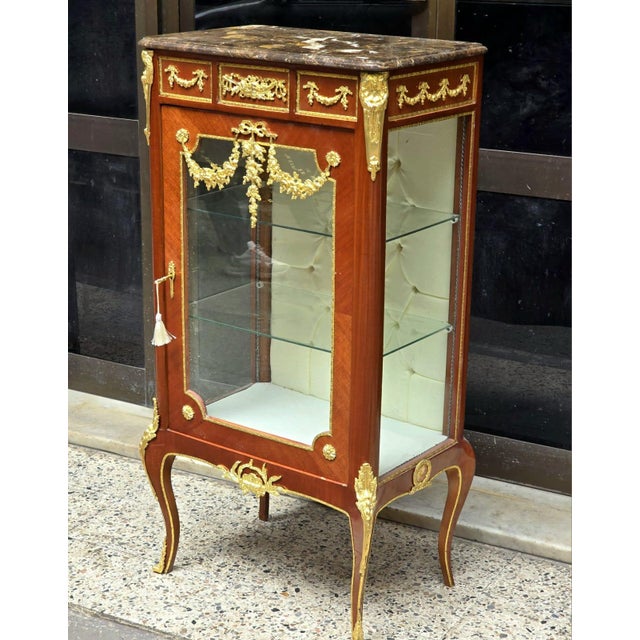 Gold Louis XV Marquetry Bedside Cabinet With Glass Door, Marble Top & Gold Accents For Sale - Image 8 of 9