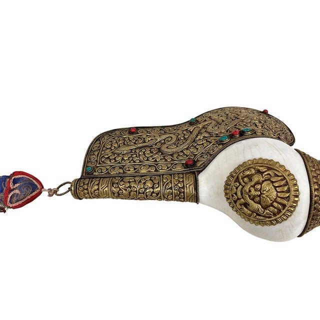Shell Antique Tibetan Buddhist Conch Shell With Turquoise, Coral Inlay For Sale - Image 7 of 12