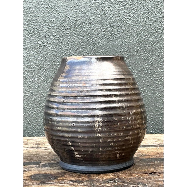Vintage Original Rippled Studio Pottery Vase For Sale - Image 11 of 12