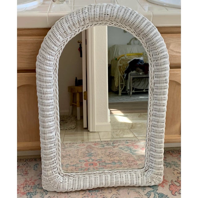 Wood Vintage Arched White Wicker Wall Mirror For Sale - Image 7 of 9