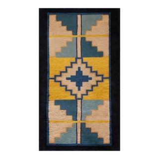 1920s Yellow Ecru Medallion Antique Chinese Art Deco Rug 2' X 3'8'' Knotted Wool Carpet For Sale