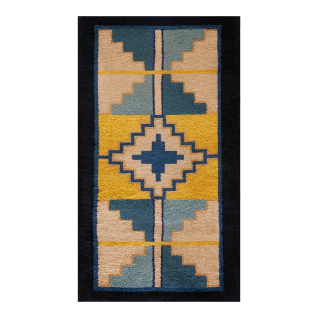 1920s Yellow Ecru Medallion Antique Chinese Art Deco Rug 2' X 3'8'' Knotted Wool Carpet For Sale