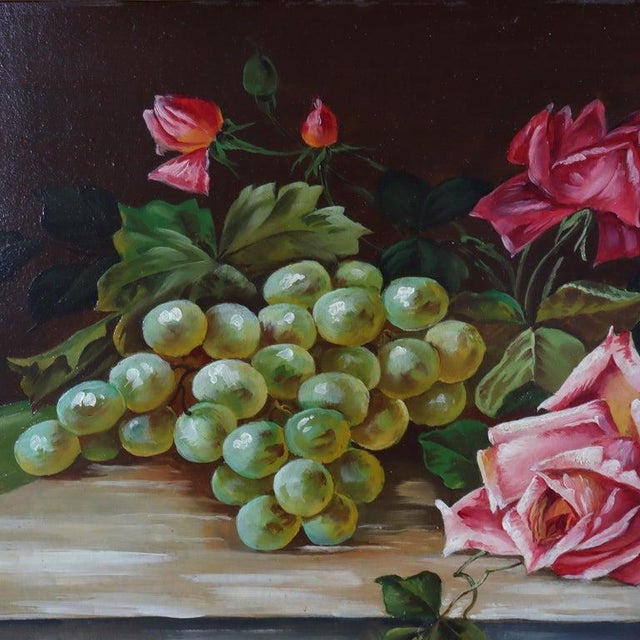 Realism Oil on Board Floral Still Life Painting of Roses & Grapes by J. Bernard C1920 For Sale - Image 3 of 7