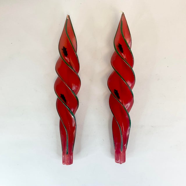 Mid-Century Boho Chic Christmas Red Spiral Holly Candles - A Pair. For Sale - Image 4 of 8