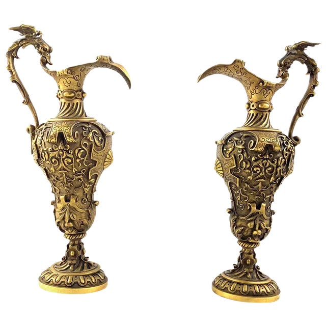 19th Century Italian Renaissance Revival Cast Gilt Bronze Ewers, Set of 2 For Sale